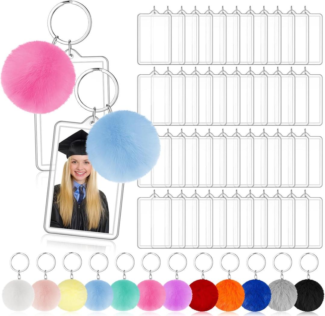 Henoyso 48 Pcs Graduation Photo Keychain, Class of 2026 Acrylic Picture Keychain with Fluffy Pom Poms, DIY Photo Frame Keychain Bulk (2 x 3 Inches)