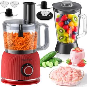 Food Processor and Blender Combo, 88 oz Food Chopper for Meat, Vegetable and Dough, 70 oz 600W Glass Jar Blender with 2 Speeds and Pulse for Smoothie, Nutrient Extractions, and More (Red)