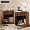 Fluted Nightstands Set of 2, Night Stand with Charging Station, Modern Bed Side Table with Drawer and Storage Shelf, Wood Mid Century End Table for Bedroom Living Room (Walnut)