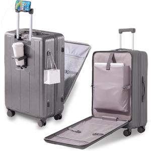 Gets Carry on Luggage Airline Approved,20 Inch Abs+Pc Hardshell Spinner Luggage With Cup Phone Holder and USB Charger,Front Pocket Durable Suitcase for Women Men-Grey