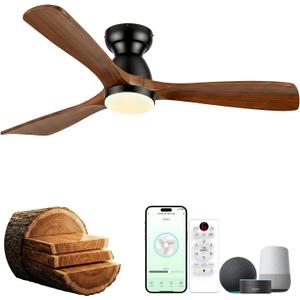 60in Smart Flush Mount Ceiling Fans with Lights,Outdoor Low Profile Ceiling Fan Quiet DC Motor,Work with Alexa/Gg Voice Control/App/Remote,Dimmable,6-speed,3 Wood blades Fan for Patio,Dark Walnut
