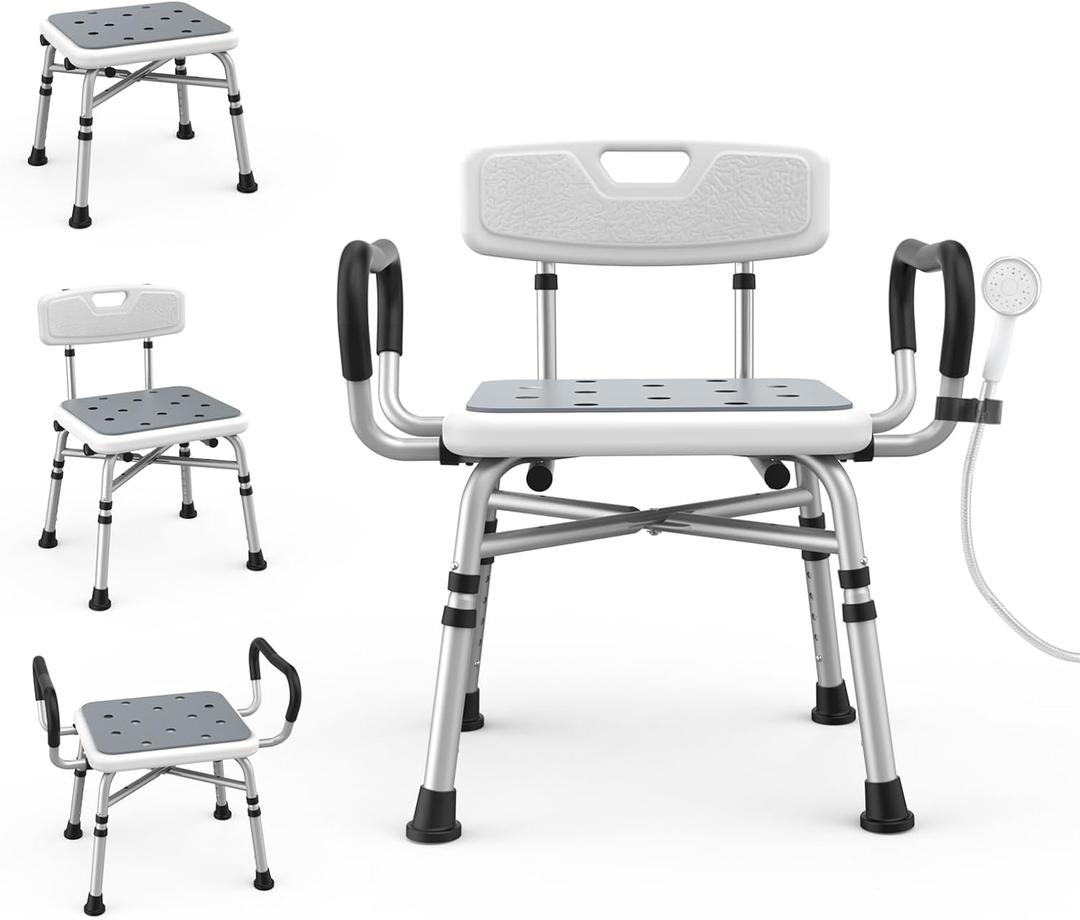 Heavy Duty Shower Chair for Inside Shower and Tub with Reinforced X-Bar, Padded Arms and Backrest, Height Adjustable, Ideal Shower Chair for Elderly and Disabled