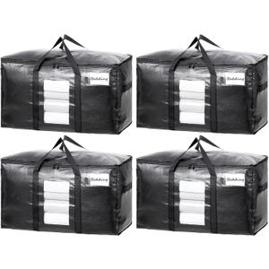 TAILI Extra Large Moving Bags, 4 Pack Black Heavy Duty Totes For Storage with Visible Window, Wrap Around Handles, Storage Bags for Space Saving, Alternative to Moving Boxes
