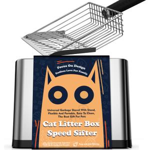Heavy Duty Stainless Steel Cat Litter Scoop with Holder - Non-Slip Handle, Quick-Sifting Grid & Easy to Clean