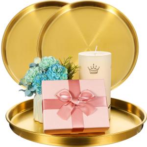 3 Pieces Round Serving Tray Stainless Steel Round Coffee Table Tray Circle Decorative Tray Decorative Vanity Tray Jewelry Makeup Organizer for Bathroom Candle Perfume, Gold
