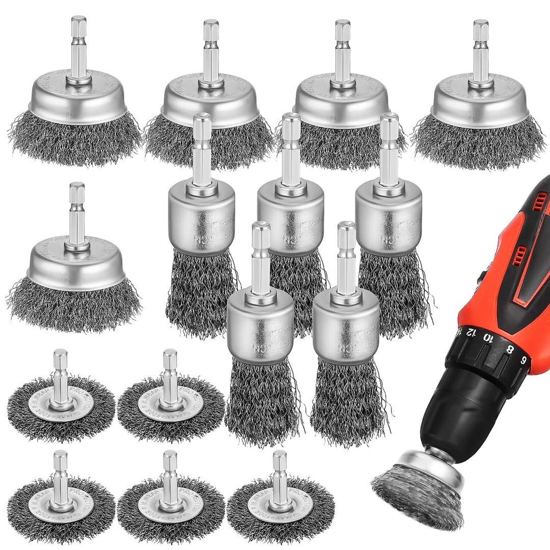 Operitacx 15 Pcs Drill Wire Brush Set with 3.54 Inch Stainless Steel Wire Wheel for Cleaning Rust Paint and Metal Surfaces 1/4 Inch Hex Shank Rotary Brushes for Electric Drill Attachment
