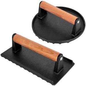 Blackstone Burger Press Set - 7" Round smash burger press & 8.3"x4.3" Rectangle Cast Iron Grill Press with Wooden Handle - Smasher is perfect for Blackstone Griddle, Pitboss Weber Griddle Grills