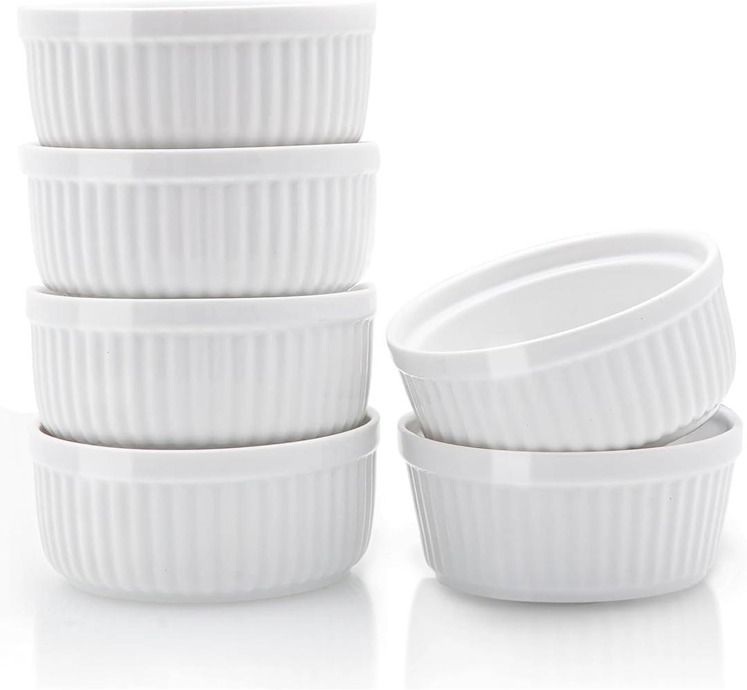 Nuwave Ceramic Ramekins 8 oz, Set of 5, Elegant Classic Style for Baking Souffles, Creme Brulées, Custards, Puddings, 4.3” Wide & 2” Tall, Microwave, Oven & Dishwasher-Safe, Ivory White (6)