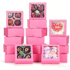 90 Pack 4x4x2 Inches Pink Bakery Boxes (Clear Window)  Ideal for Packaging Macaron, Ores, Chocolate Truffle, Strawberry, Cookie, Donut, Pie  Party, Wedding, Holiday Favors
