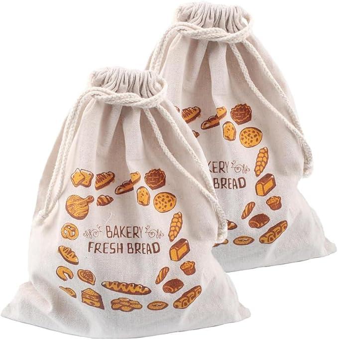 2 Pieces Linen Toast Bag Reusable French Baguette Biscuit Bag Cotton Drawstring Bag for Homemade Bread Container（Letter Bread）