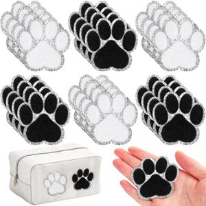 Jexine 24 Pcs Paw Print Chenille Patches Self-Adhesive Stick-on Embroidered Patches Stickers for Clothing Bag Hat Backpack Jean Gift for Animal Birthday Party(White, Black with Silver Edge)