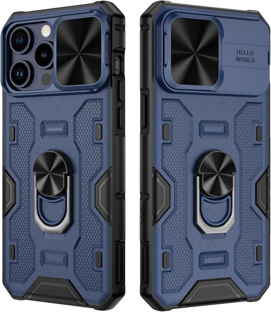 VEGO Kickstand Case for iPhone 15 ProMax, with Slide Camera Cover & Built-in 360 Rotate Ring Stand Magnetic Shockproof Cover for iPhone 15 Pro Max 6.7" 2023 - Blue