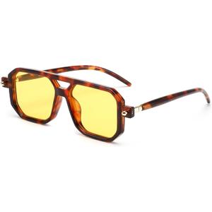 FEISEDY Vintage Square 70s Flat Aviator Sunglasses Women Men Classic Retro Stylish Frame UV400 Sunglasses B2622 (032 Leopard Frame & Yellow Lens)