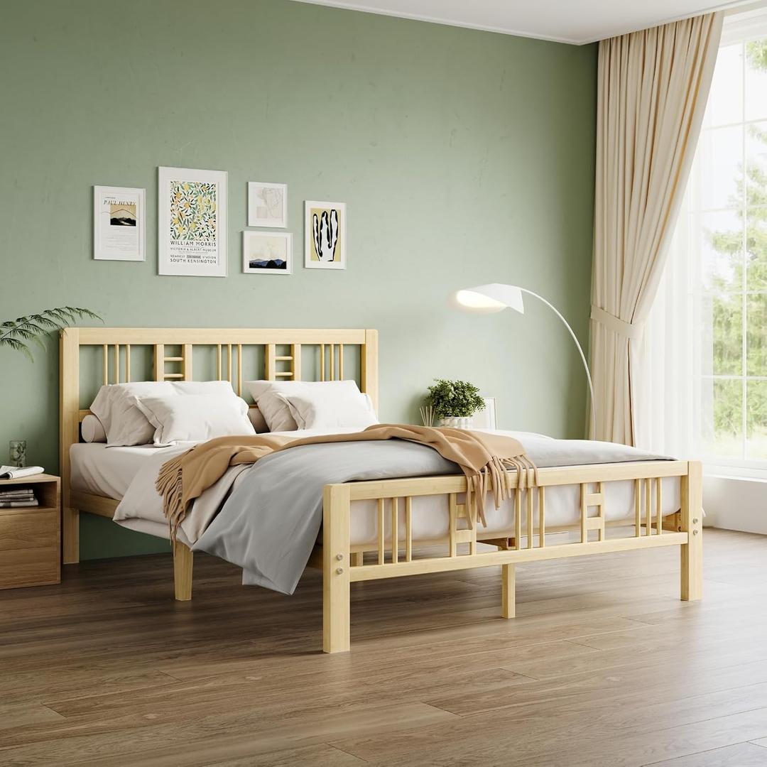 14 Inch High Bamboo Queen Bed Frame with Headboard and Footboard, Wood Bed Frame Queen Size Metal Slat Support Heavy Duty, No Box Spring Needed, Easy Assembly, Noise Free, Reinforced