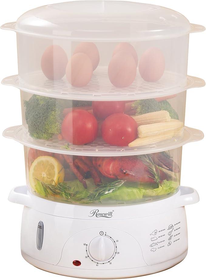 Rosewill 3-Tier (9.5Qt) Electric Food Steamer with Stackable, Dishwasher Safe Baskets, 800W with fast steam heating within 40s, Auto shut-off and 60-min timer, White – RHST-15001