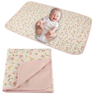 Baby Diaper Changing Pad, 19.7"x25.6" Waterproof Changing Pad Liners with 100% Muslin Cotton Front Top and Leather Back, Soft and Absorbent Portable Changing Mat for Travel, Changing Station (Pink Flowers)
