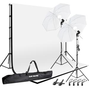 SLOW DOLPHIN 10 x 8.5 ft Photography Photo Video Studio Background Stand Support Kit with Muslin Backdrop (White Black), 5500K 85W LED Blub, Umbrella Lighting Kit for Studio, Portrait, Video Shooting