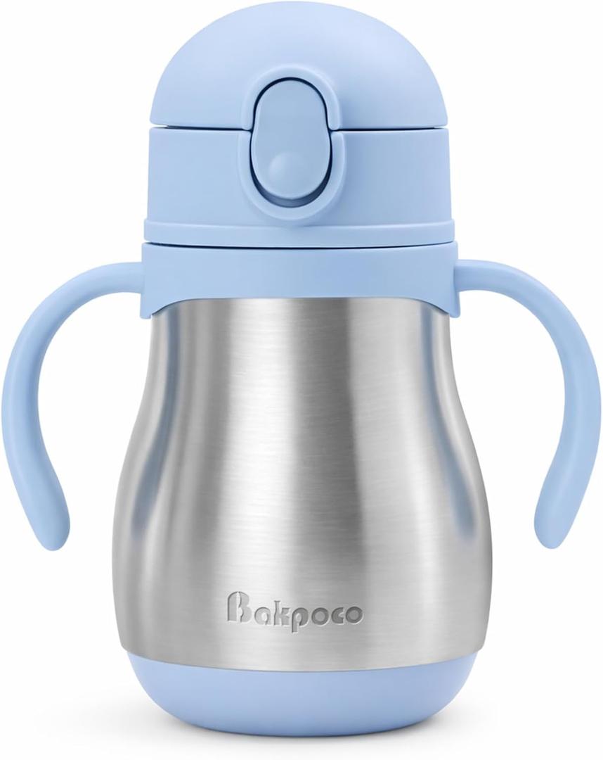 Bakpoco Stainless Steel Straw Sippy Cup for Toddlers 1-3 Years Old, Insulated Toddler Water Bottle Baby Training Tumbler with Handles, 8oz Kids Straw Cups for Travel, Daycare & At Home, Blue