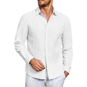 Makkrom Men's Casual Cotton Linen Button Down Shirts Cuban Guayabera Shirt Long Sleeve Summer Beach Tops, Large, White