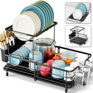 2 Tier Dish Drying Rack, Expandable Two Tier Dish Rack for Kitchen Counter, Extendable Over The Sink Dish Drainer, Large Multifunctional Dish Strainer with Removable Top Shelf for in Sink Use, Black