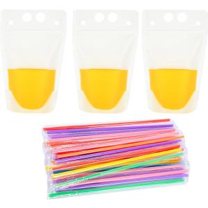 100 PCS Stand-Up Plastic Pouches with 100 Straws, Translucent Reclosable Zipper Bags for Cold & Hot Drinks