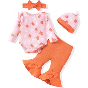 Newborn Baby Girl Clothes Infant Outfits Clothing Ruffle Romper Bell Bottoms Flared Pants Outfit Sets for Baby Girls (0-3 Months, Orange Floral)