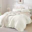 Andency Ivory Comforters Queen Size, 3 Pieces Solid Shabby Chic Farmhouse Bedding Comforters & Sets, Lightweight Fluffy All Season Soft Down Alternative Bed Set for Women Men (Queen (90"x90"))