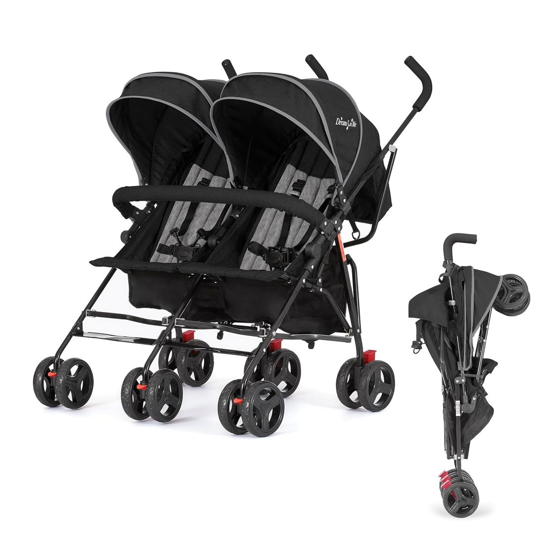 Dream On Me Volgo Twin Baby Stroller, Lightweight Side-by-Side Double Umbrella Stroller with Adjustable Canopy, 5-Point Harness, Storage Basket & Travel-Friendly Fold Black