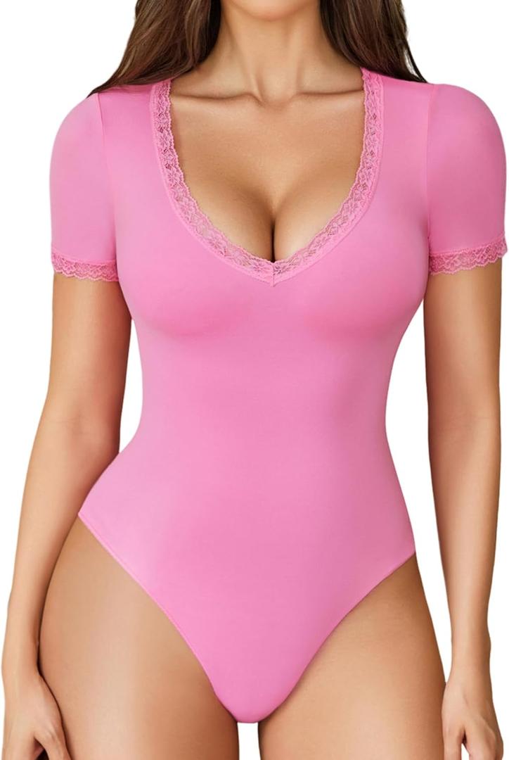 Avidlove Short Sleeve Bodysuit for Women Lace V Neck Body Suits Double Lined Bodysuits Sexy Going Out Top (Small, Pink)
