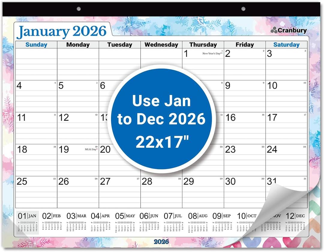 CRANBURY Large 22x17 Desk Calendar 2026, Use January to Dec 2026 as Big Deskpad Calendar or Extra Large Hanging Wall Planner, Colorful Seasonal Designs, Includes Stickers