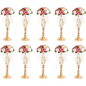 Metal Flower Stands with Crystal Beads, Wedding Centerpieces for Table Decorations, Elegant Metal Flower Arrangement Stands, Flower Vases for Wedding Party Celebration Home Decor (Gold-10pcs)