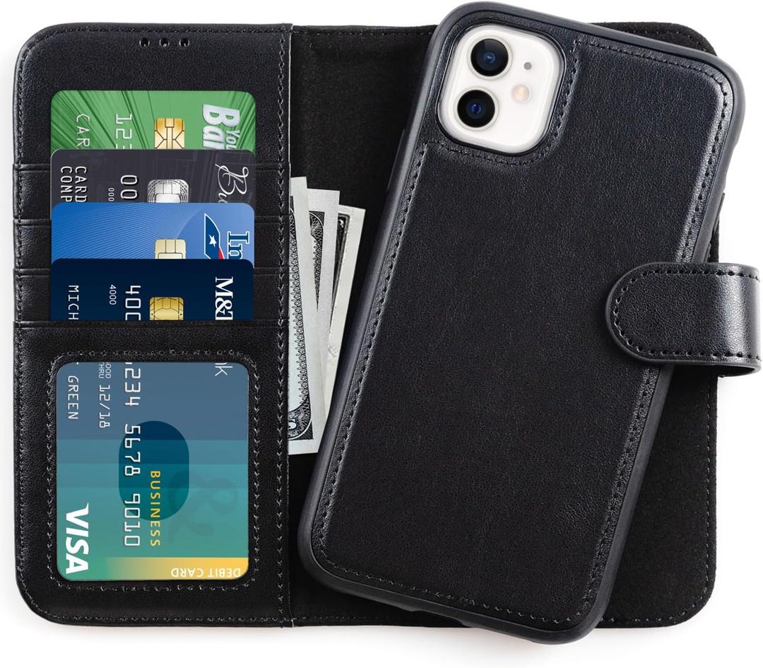 LUMARKE Designed for iPhone 11 Wallet Case - Detachable Flip Folio Cover - RFID Blocking 4 Card Slots Holder - Premium PU Leather Magnetic Kickstand - Protective Phone Case 6.1", Black Color