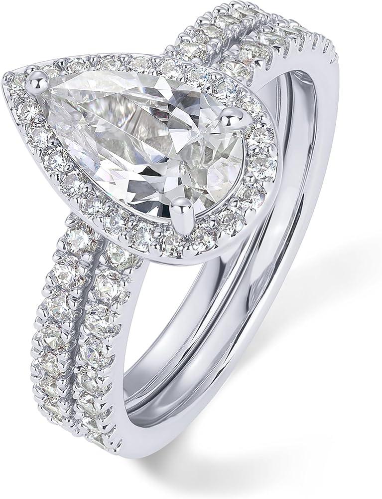 PAVOI Rhodium Plated Pear Cubic Zirconia Engagement Ring Set for Women | Bridal Eternity Promise Jewelry | Fake Wedding Ring | Size 10, White Gold, Cubic Zirconia
