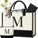 Personalized Canvas Tote Bag for Women Makeup Pouch Initial Beach Bag Removable Bottom Board for Travel Birthday