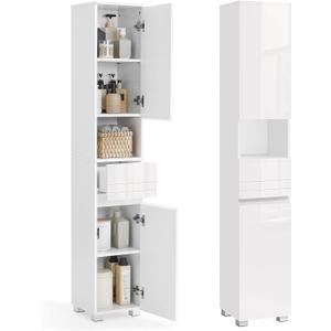 VASAGLE Tall Bathroom Cabinet, Slim Freestanding Bathroom Storage Cabinet with a Drawer, Adjustable Shelves, Open Compartment, for Small Spaces, White UBBC560P31 (11.8"D x 11.8"W x 66.9"H)