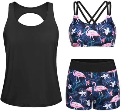 Yonique Tankini Swimsuits for Women 3 Piece Bathing Suits Swim Tank Top with Boy Shorts and Bra Modest Swimwear Size XXS