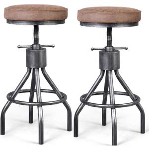 Industrial Bar Stools Swivel Pu Seat Vintage Kitchen Island Counter Stool 23-33inch Height Adjustable Rustic Shop Chair (Set of 2) (Silver)