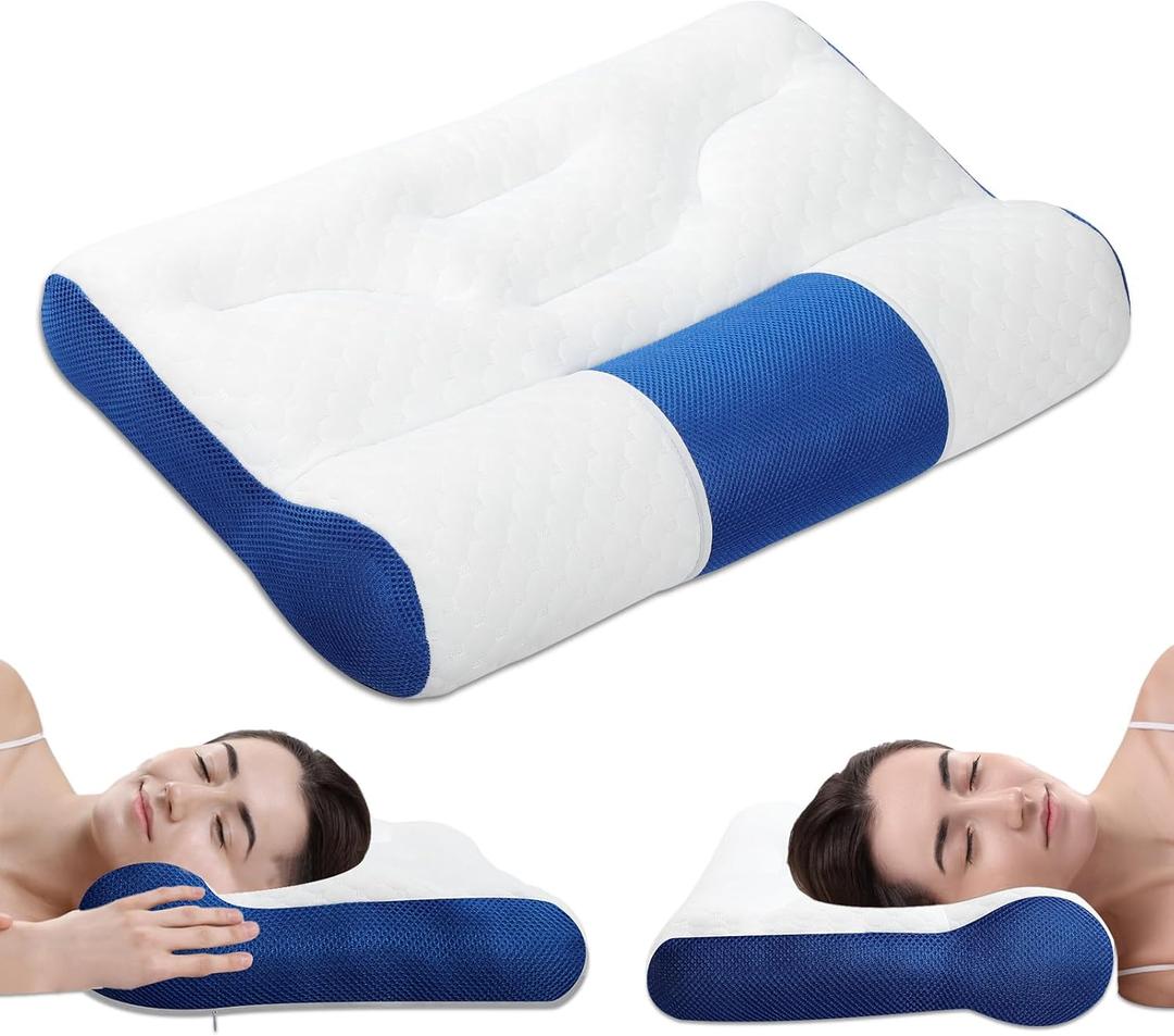 Ergonomic Pillow, Neck Pillow Cervical Pillow for Neck Strain Relief, Neck Pillow for Sleeping, Cervical Contour Neck Support Pillows for Side Back Stomach Sleeper (White and Blue)
