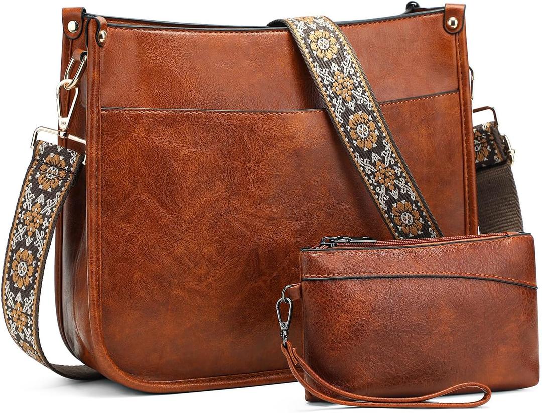 BAIGIO Crossbody Purse for Women Trendy Vegan Leather Hobo Bags for Women Handbags and Wallet 2PCS With Guitar Shoulder Strap (Brown)