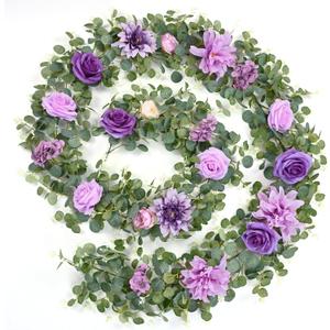 Waipfaru 8.85Ft Flower Garland, Eucalyptus Greenery Garland with Flowers, Rose Floral Vines for Wedding Table Runner Spring Summer Backdrop Decor (Purple)