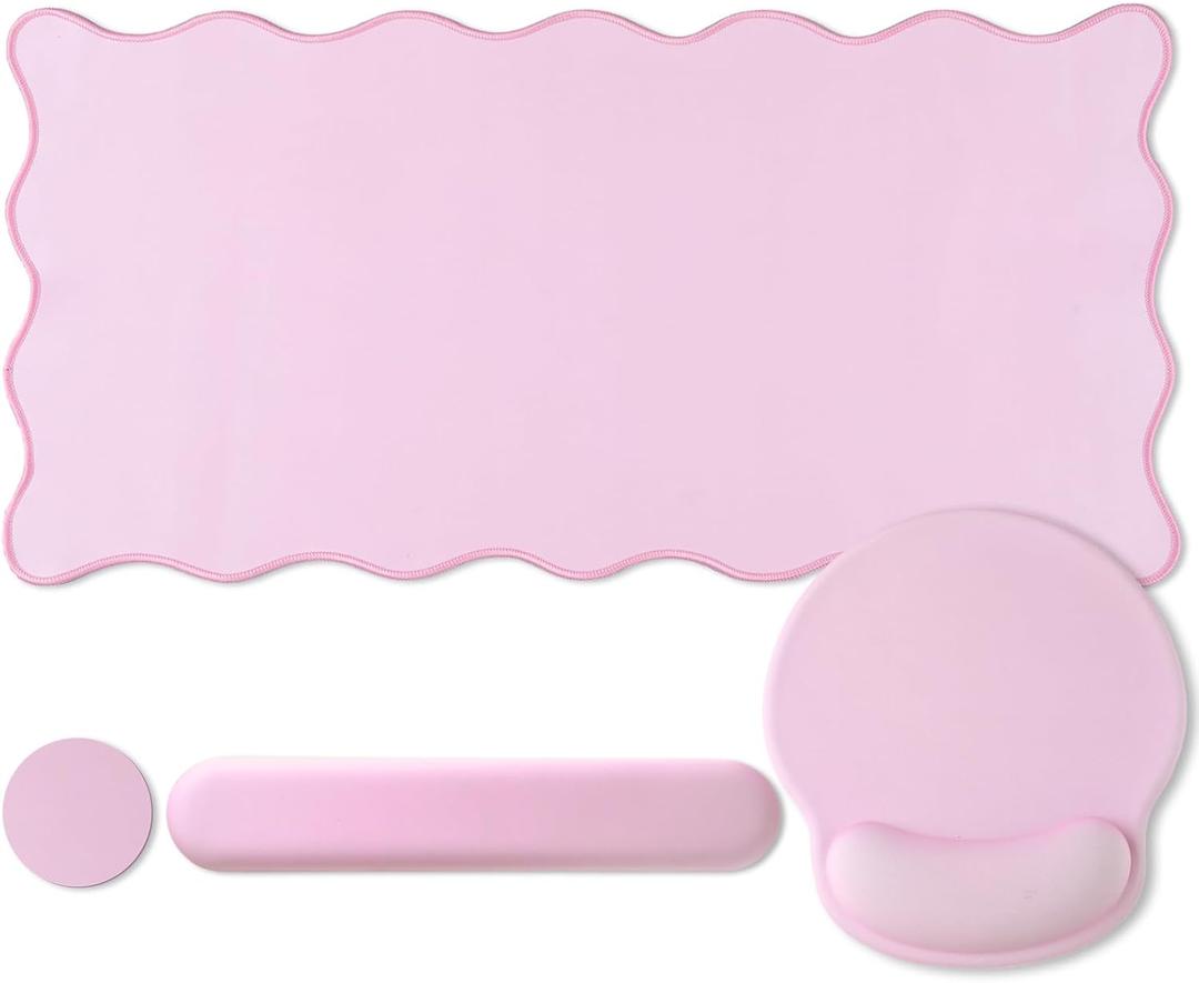 Sabary Scalloped Desk Mat Keyboard Mouse Pad Set Pink Large Cute Aesthetic Preppy Table mat Keyboard Wrist Rest Mouse Pad with Wrist Rest Coaster Ergonomic Non-Slip Waterproof Gaming Desk