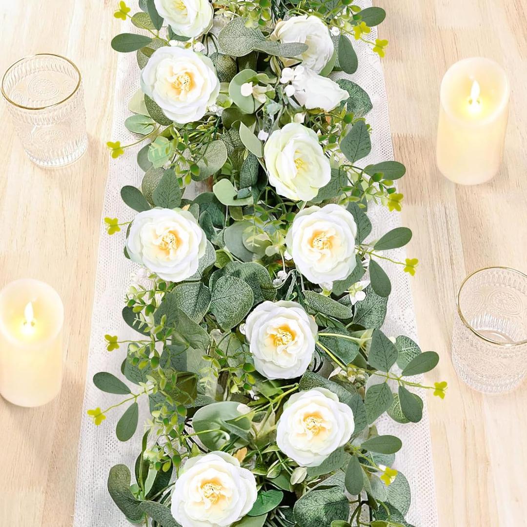ASTRYAS 2 Pack 6.23Ft Artificial Eucalyptus Garland with Flowers, Fake Rose Garland Greenery Garlands Floral Vines for Wedding Spring Home Party Craft Art Table Runner Decor(White)