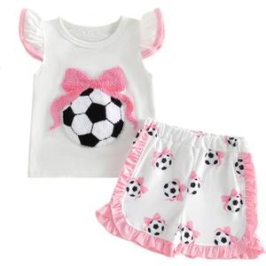 Toddler Girl Golf Outfits Baby Hole In One Golf Fly Sleeve T-shirt Tops+Ruffle Trim Shorts 2Pcs Girls Summer Clothes, 18-24 Months, Soccer Bow Embroidered White