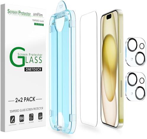 amFilm OneTouch 2+2 Pack Compatible with iPhone 15 Screen Protector 6.1" Tempered Glass with Camera Lens Protector Accessories, Premium Easiest Installation Kit 9H, Case Friendly Anti-Scratch HD