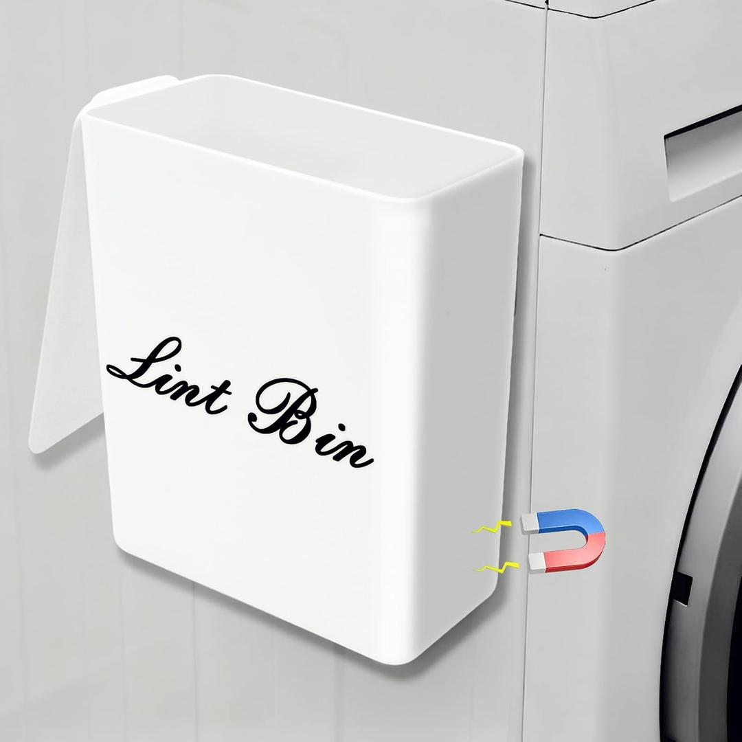 Artilife Magnetic Plastic Lint Bin with Lid for Laundry Room, 6 X 5 Inch Compact Wall Mount Lint Holder for Dryer, Small White ABS Can for Dryer Lint and Sheets