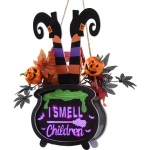Lighted Halloween I Smell Children Hanging Sign Decoration, Door Hangers Wreath Decoration with Led Lights, 2AA Battery Operated Halloween Decor for Indoor Home Outdoor Front Door