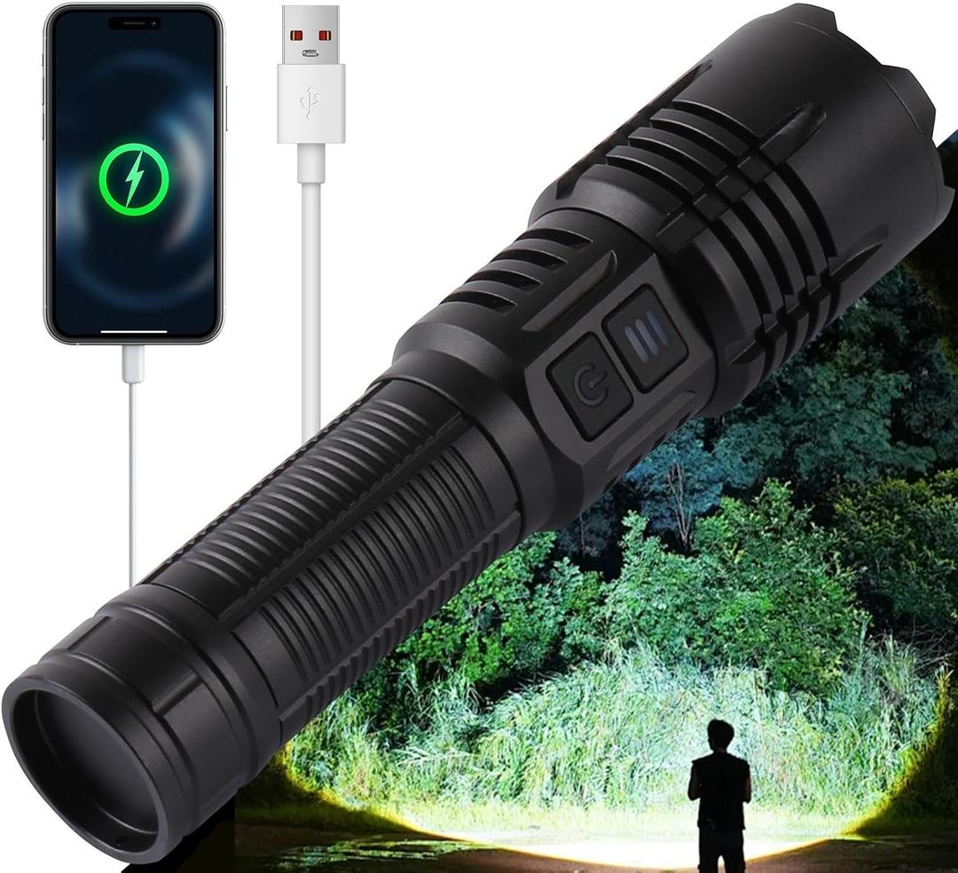 Super Bright LED Rechargeable Flashlights,Zoomable Tactical Flashlights with 6 Modes(UV lamp),6000LM High Powered Flashlight,Waterproof Flash Lights for Camping,Emergency,Outdoor(no Battery)