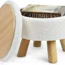 Ottoman Foot Rest, Small Round Ottoman with Storage, Boucle Teddy Velvet Footstool with Wood Legs, Soft Sponge Storage Ottoman for Living Room, Bedroom, Couch, Enterway (Cream)