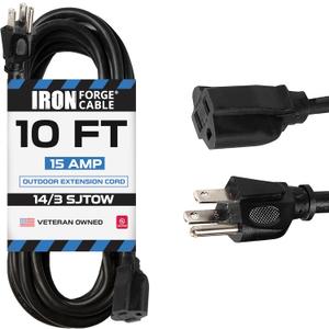 Iron Forge Cable 14 Gauge Outdoor Extension Cord 10 Ft, SJTOW 14/3 Heavy Duty Black Extension Cord 3 Prong, Oil Resistant & Flame Retardant