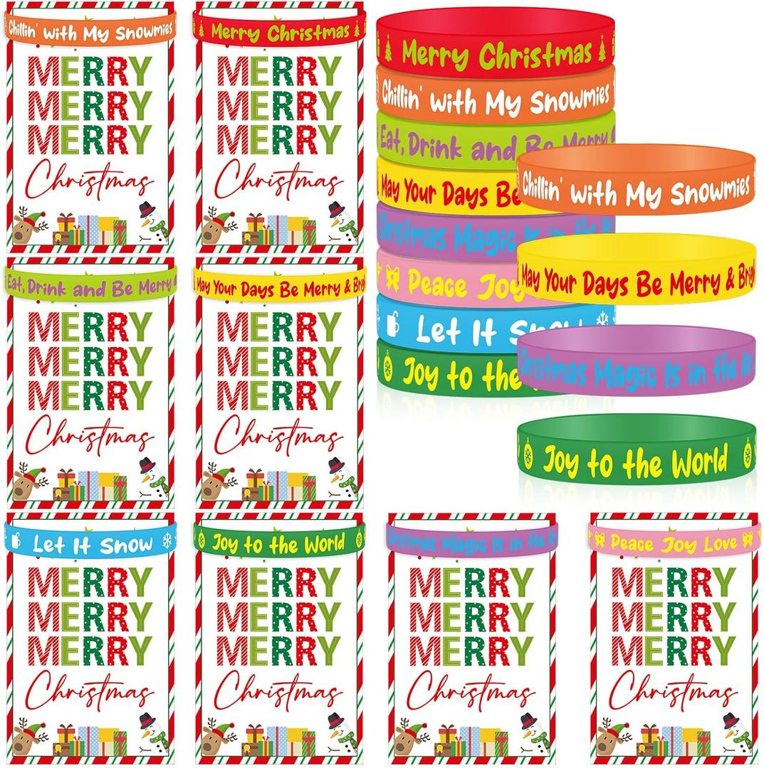 Cunno 24 Sets Christmas Silicone Bracelets Bulk Xmas Party Favors Stocking Stuffers Rubber Wristbands with Gift Greeting Cards Merry Christmas Bracelets Gifts for Party Decoration Supplies